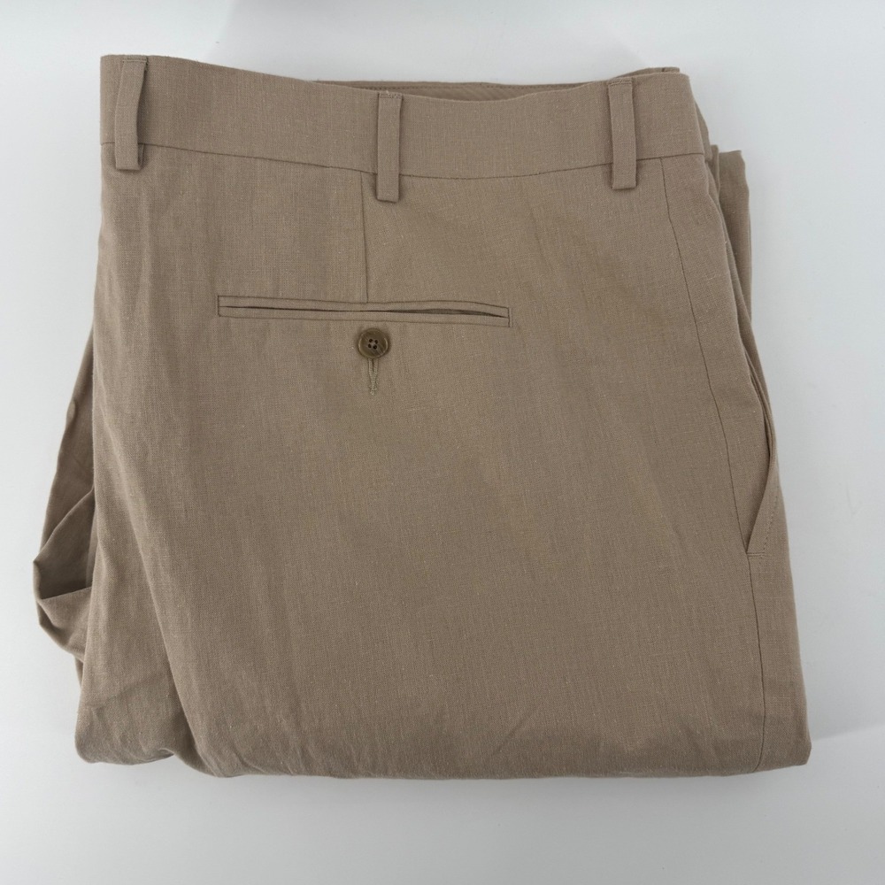 Stafford Big Tall Men's 48x32 Linen Blend Flat Front Stretch Dress Pants Khaki